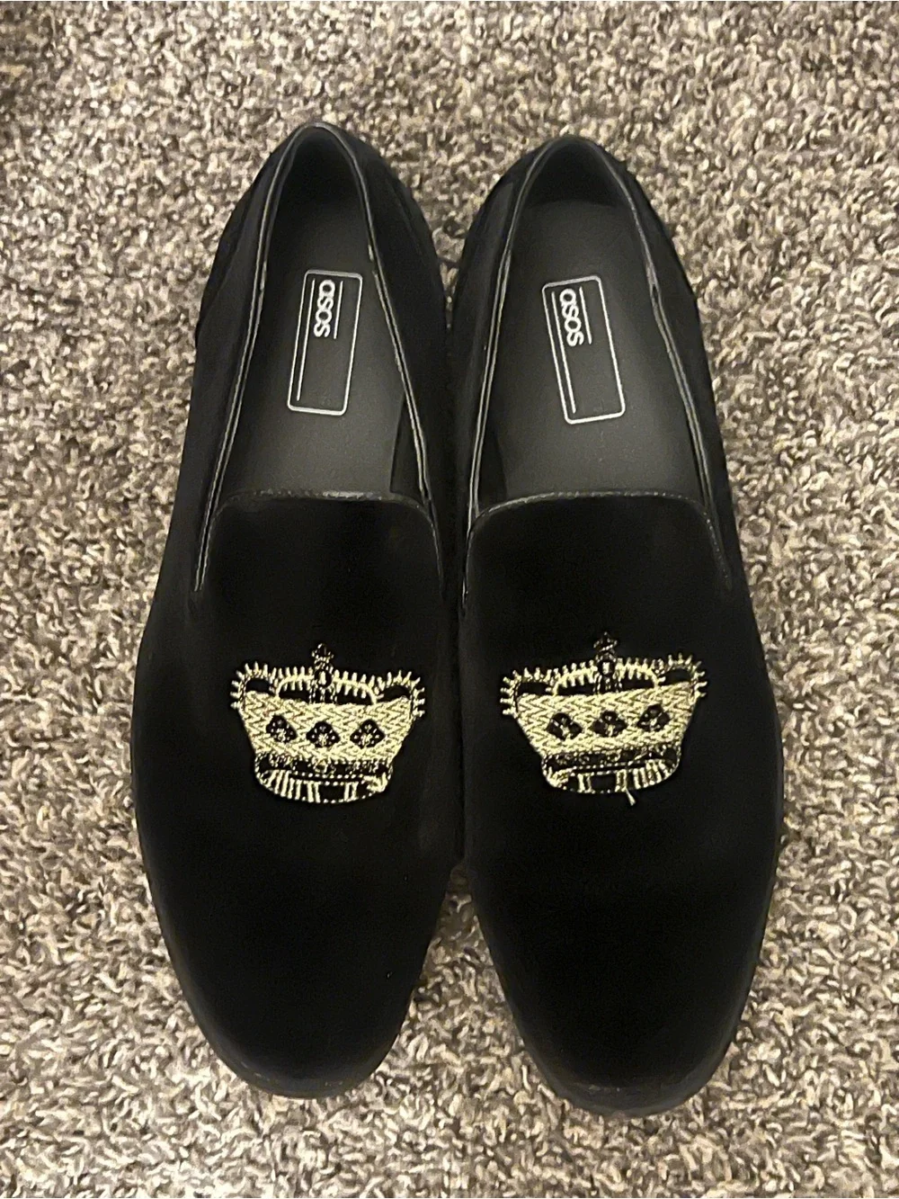 ASOS Black Velvet Loafers with Gold Crown Embroidery